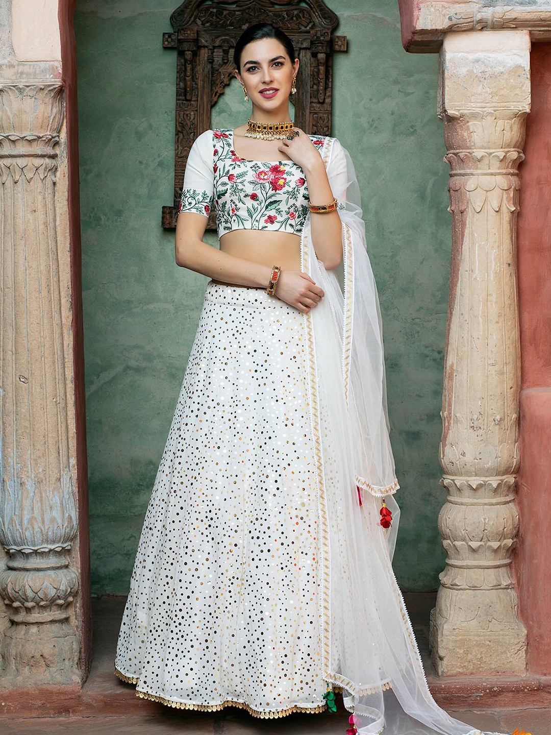 

ODETTE White & Red Embroidered Thread Work Semi-Stitched Lehenga & Unstitched Blouse With Dupatta