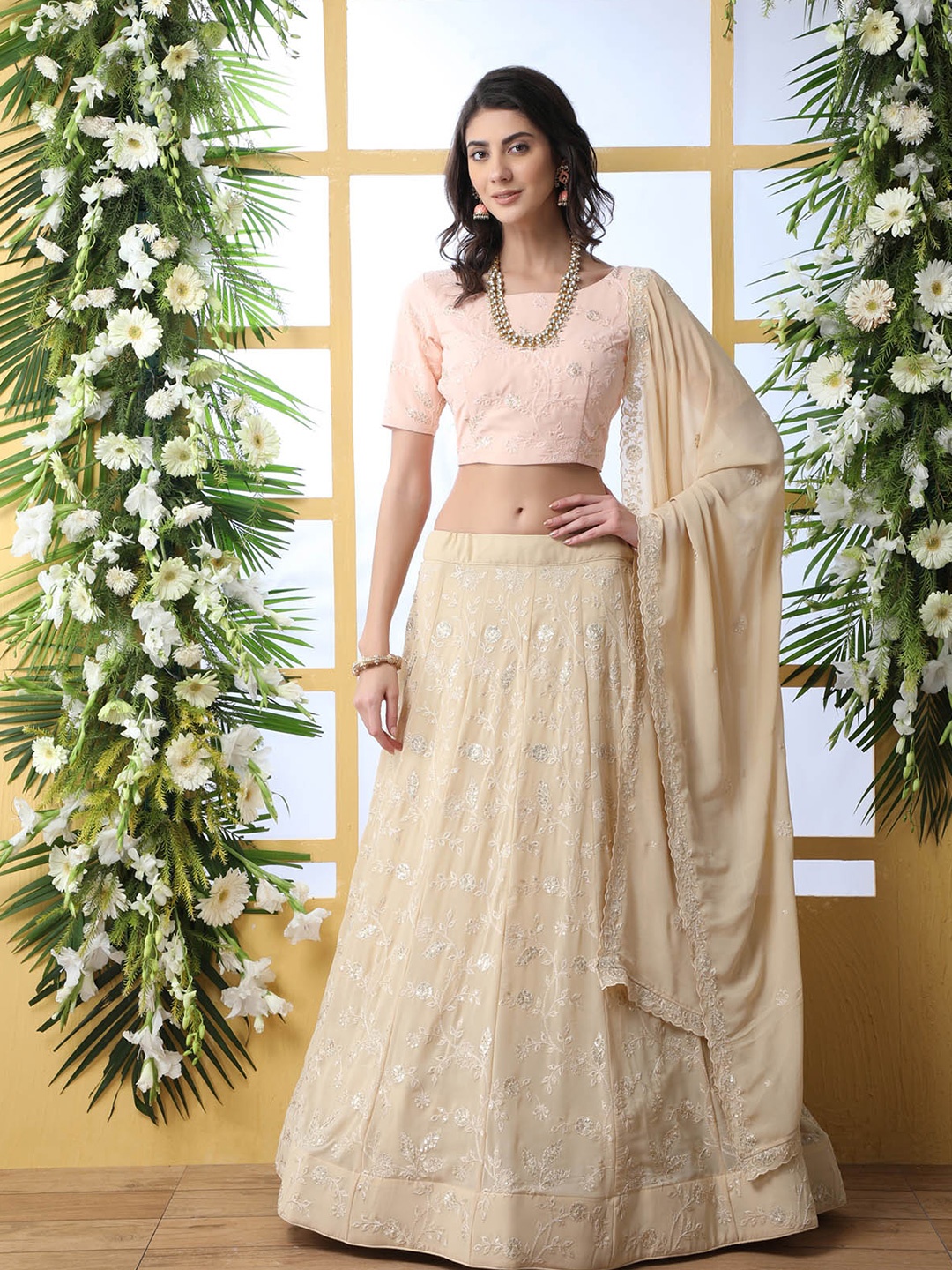 

ODETTE Peach-Coloured & Beige Semi-Stitched Lehenga & Unstitched Blouse With Dupatta