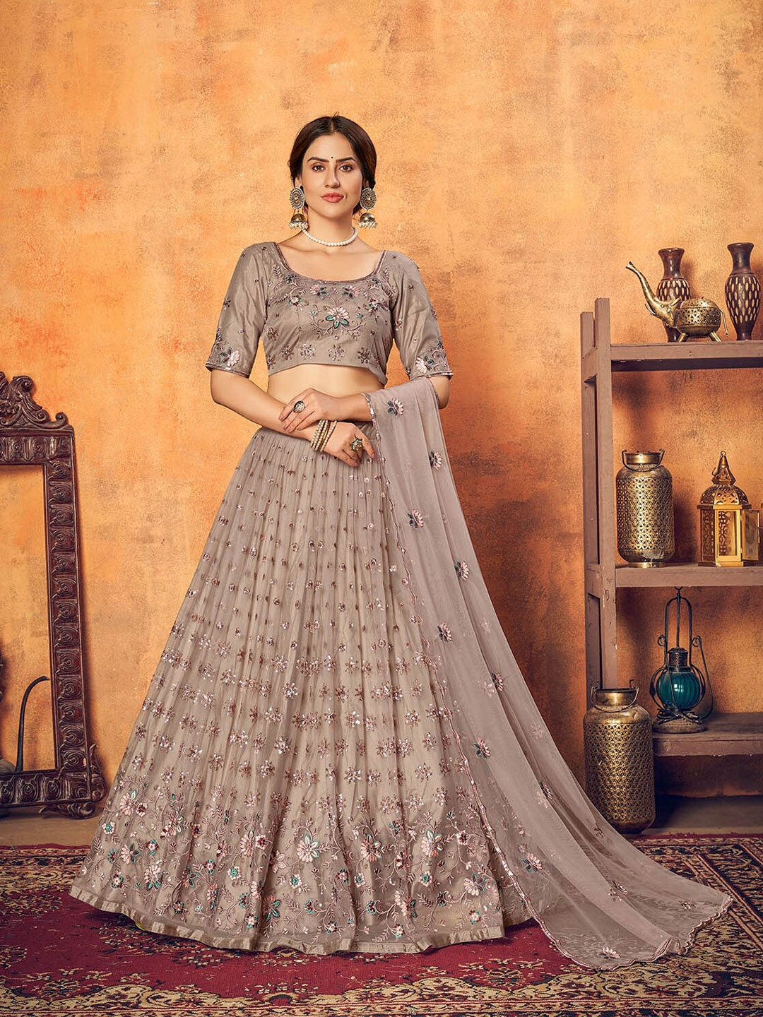 

ODETTE Mauve Embroidered Thread Work Semi-Stitched Lehenga & Unstitched Blouse With Dupatta