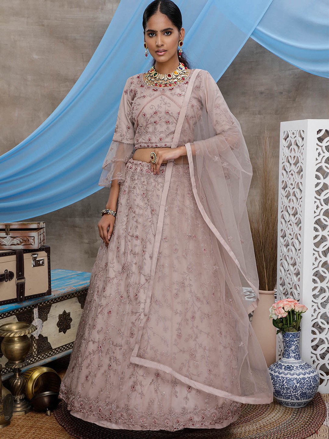 

ODETTE Purple & Silver-Toned Embroidered Thread Work Semi-Stitched Lehenga & Unstitched Blouse With Dupatta