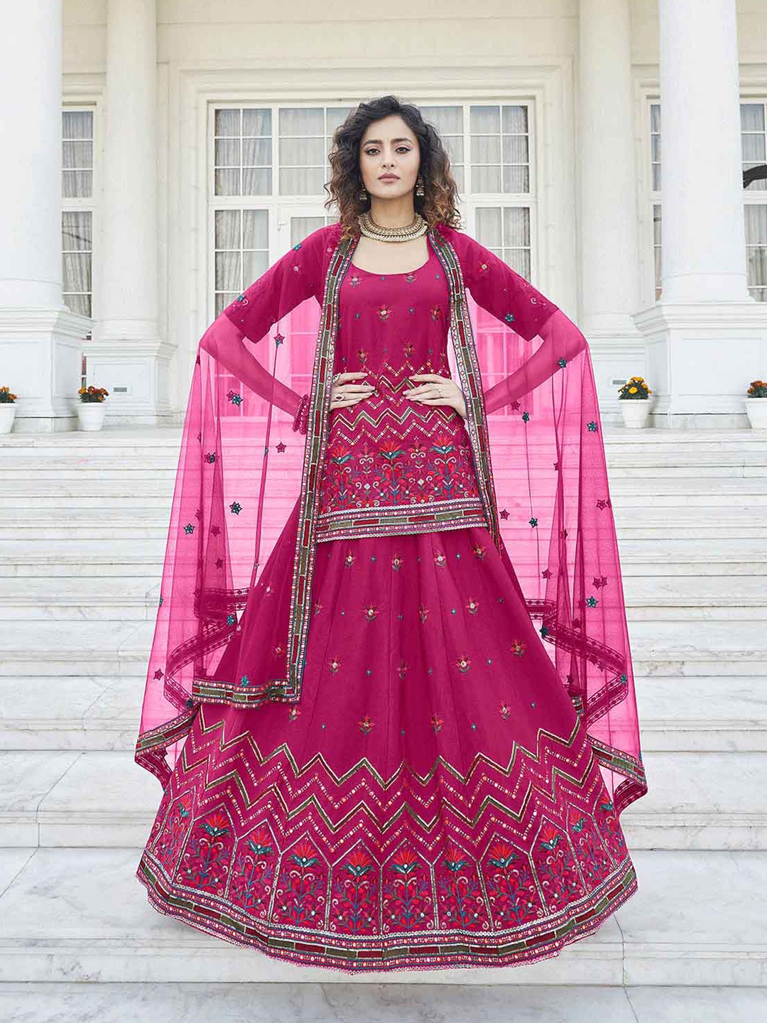 

ODETTE Women Pink & Blue Mirror Work Lehenga & Unstitched Blouse With Dupatta