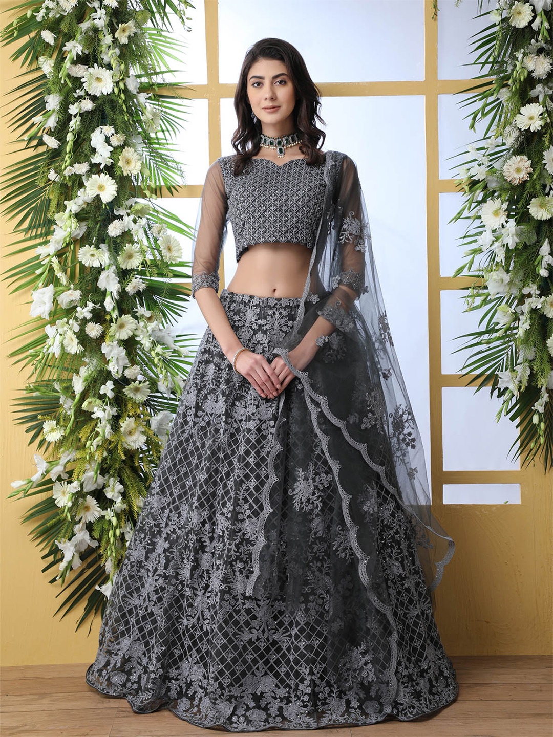 

ODETTE Grey Embroidered Thread Work Semi-Stitched Lehenga & Unstitched Blouse With Dupatta