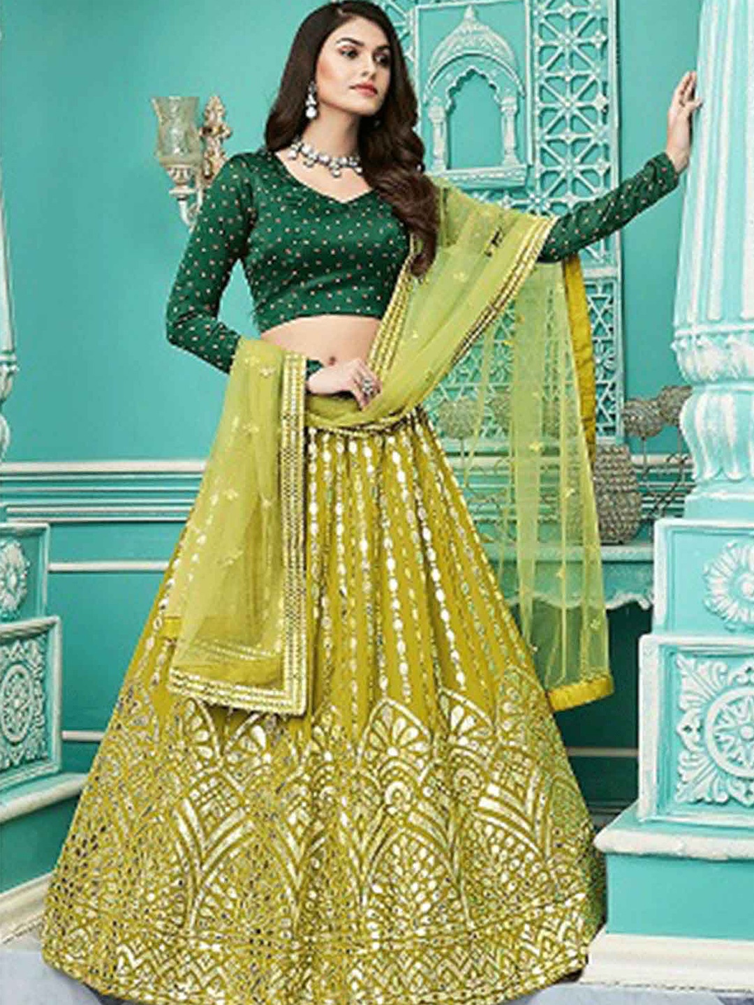 

ODETTE Fluorescent Green & Gold-Toned Printed Semi-Stitched Lehenga & Unstitched Blouse With Dupatta