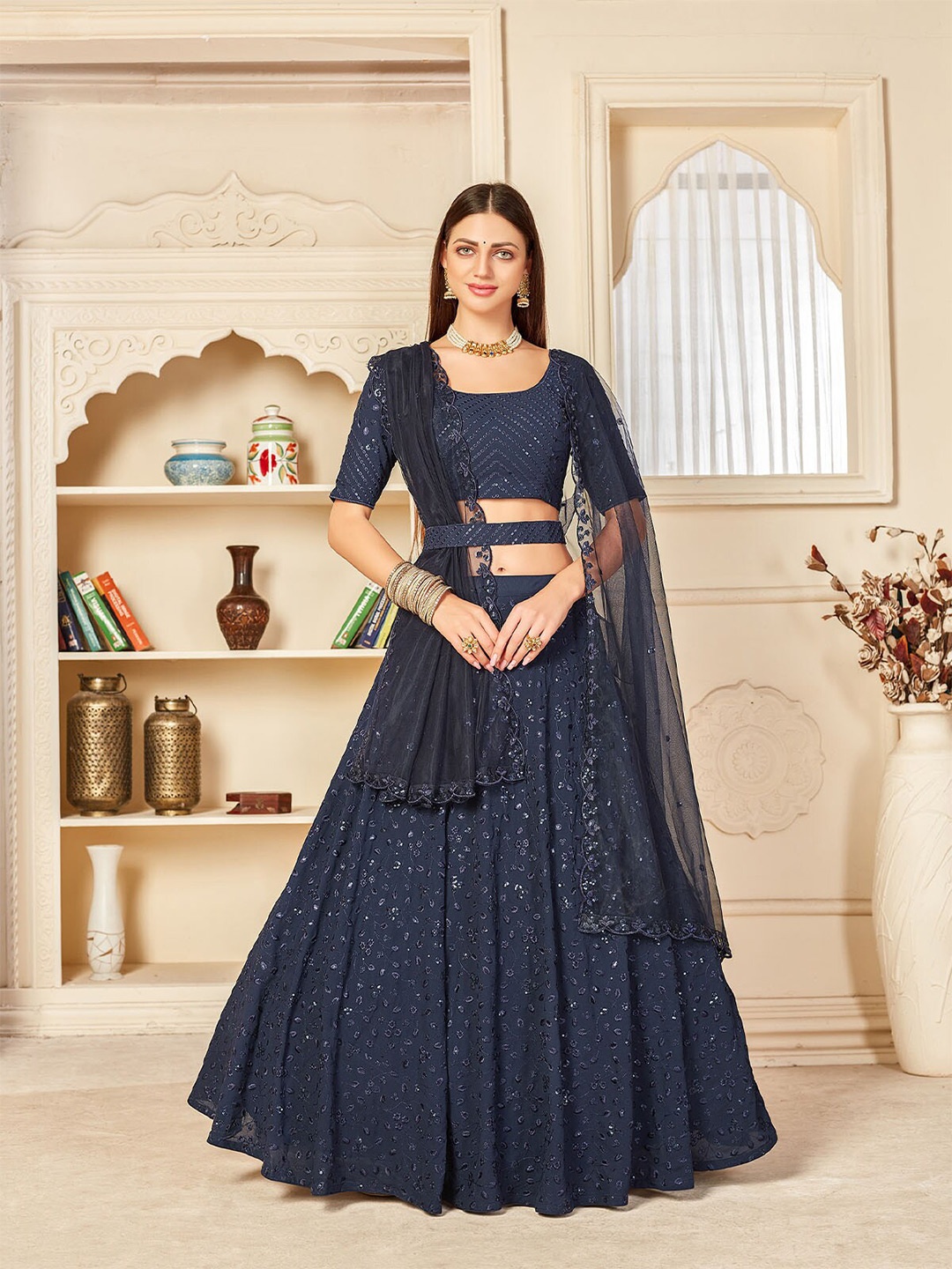 

ODETTE Navy Blue Embroidered Sequinned Semi-Stitched Lehenga & Unstitched Blouse With Dupatta