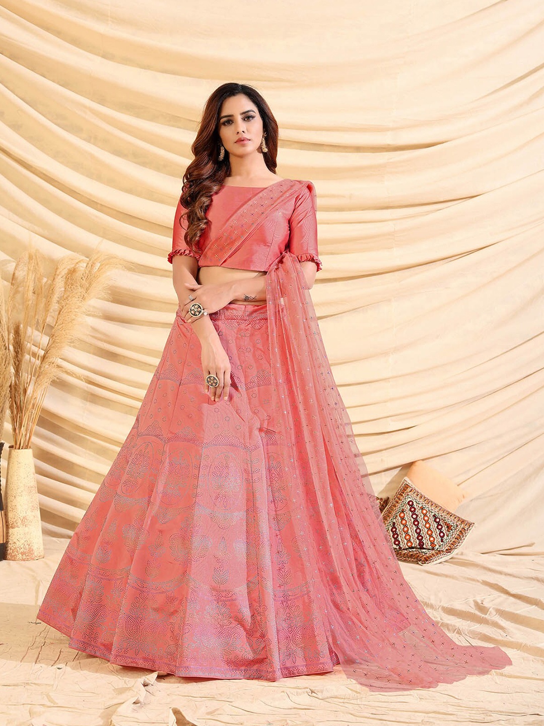 

ODETTE Pink & Blue Printed Semi-Stitched Lehenga & Unstitched Blouse With Dupatta