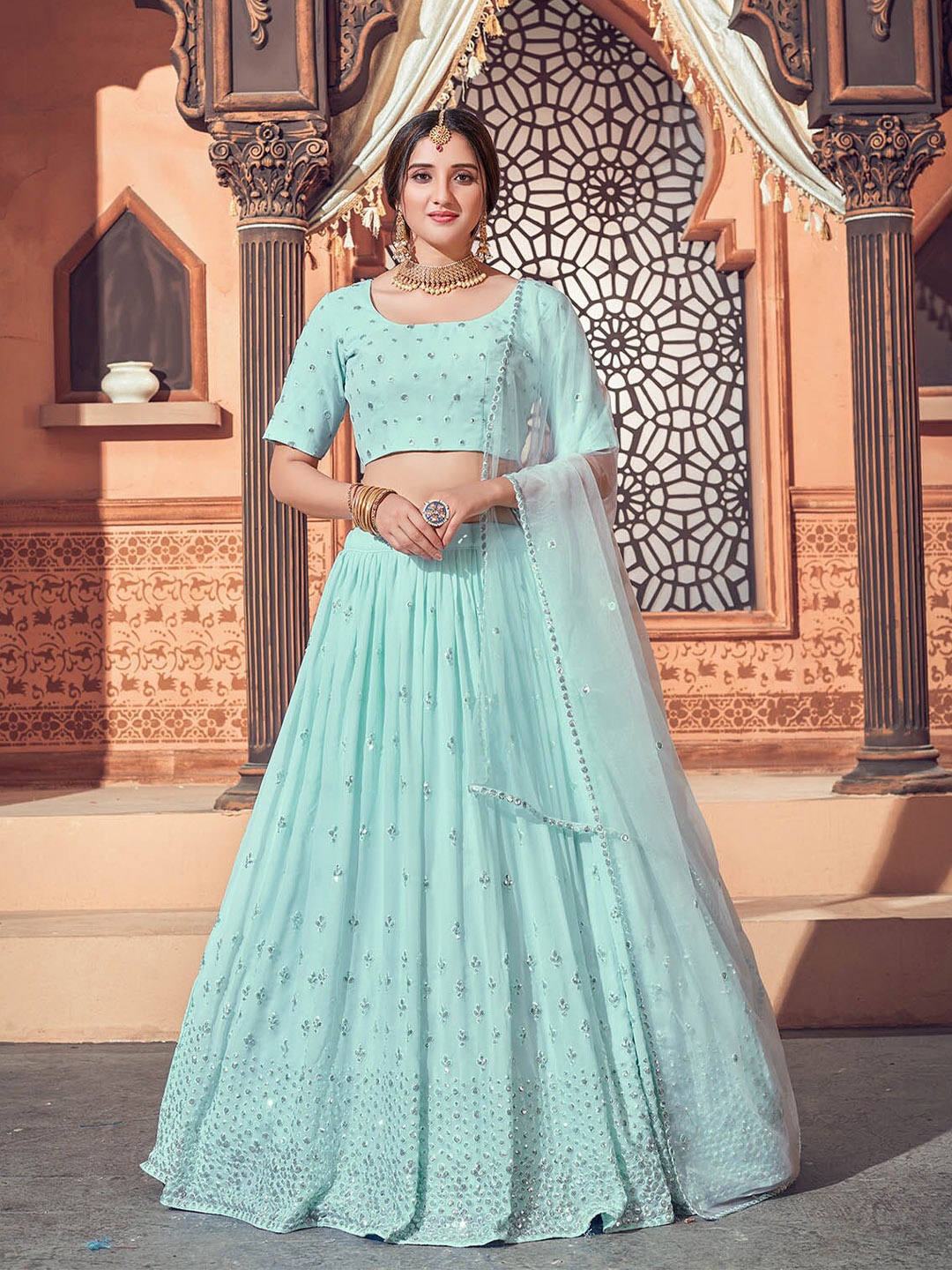 

ODETTE Women Blue & Silver-Toned Semistitched Lehenga & Unstitched Blouse With Dupatta