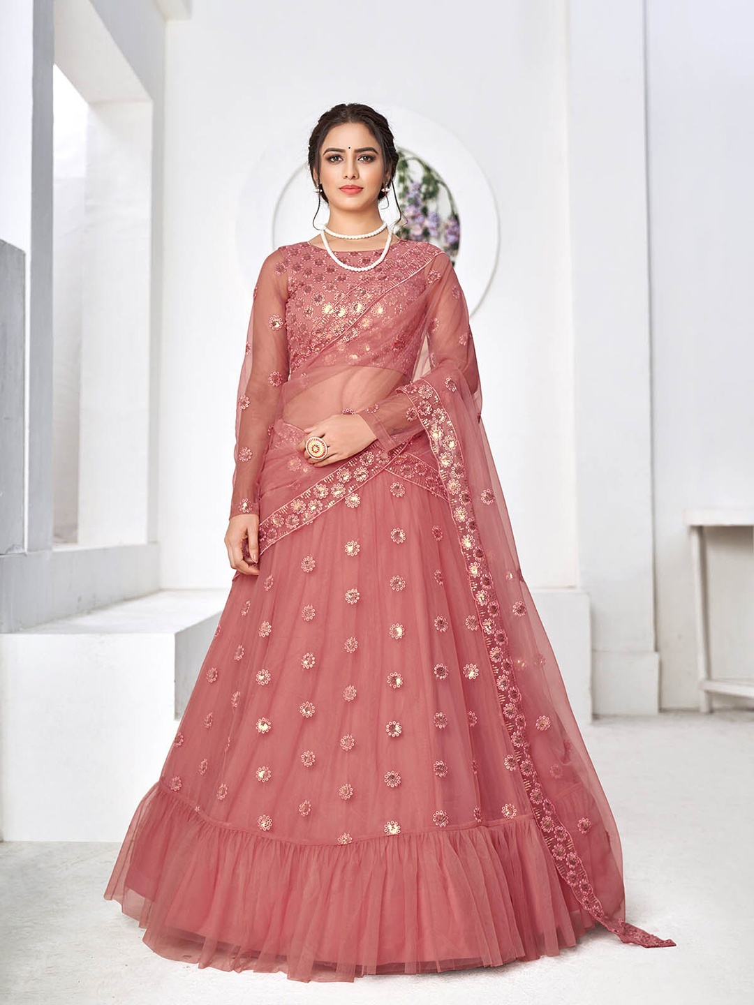 

ODETTE Pink & Gold-Toned Embellished Thread Work Semi-Stitched Lehenga & Unstitched Blouse With Dupatta