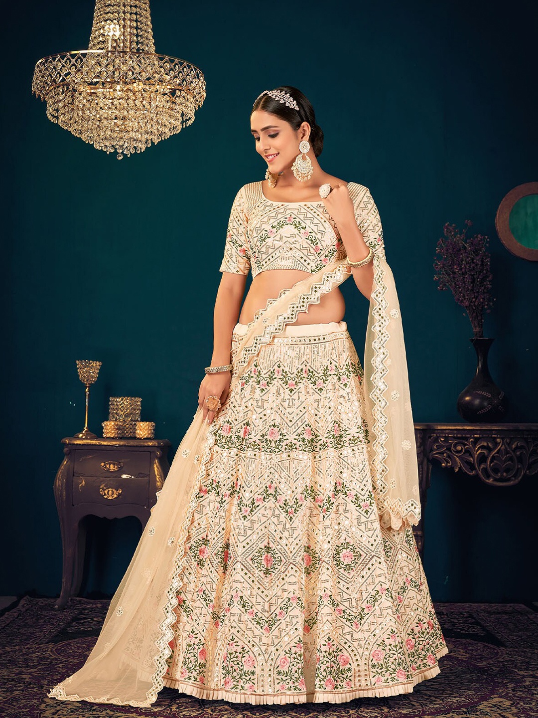 

ODETTE Beige & Pink Embroidered Mirror Work Semi-Stitched Lehenga & Unstitched Blouse With Dupatta