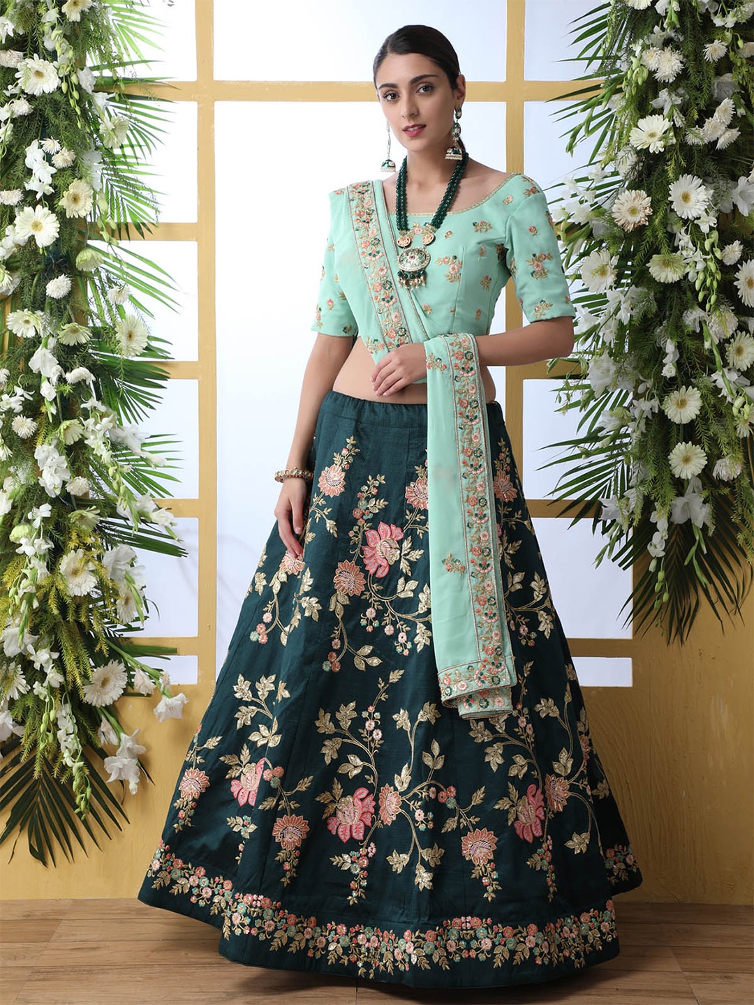 

ODETTE Green & Peach-Coloured Semi-Stitched Lehenga & Unstitched Blouse With Dupatta