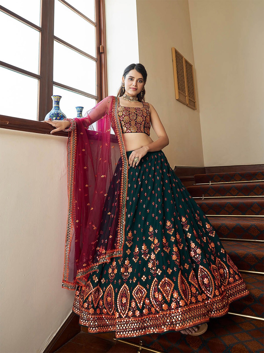 

ODETTE Green & Maroon Embellished Thread Work Semi-Stitched Lehenga & Unstitched Blouse With Dupatta
