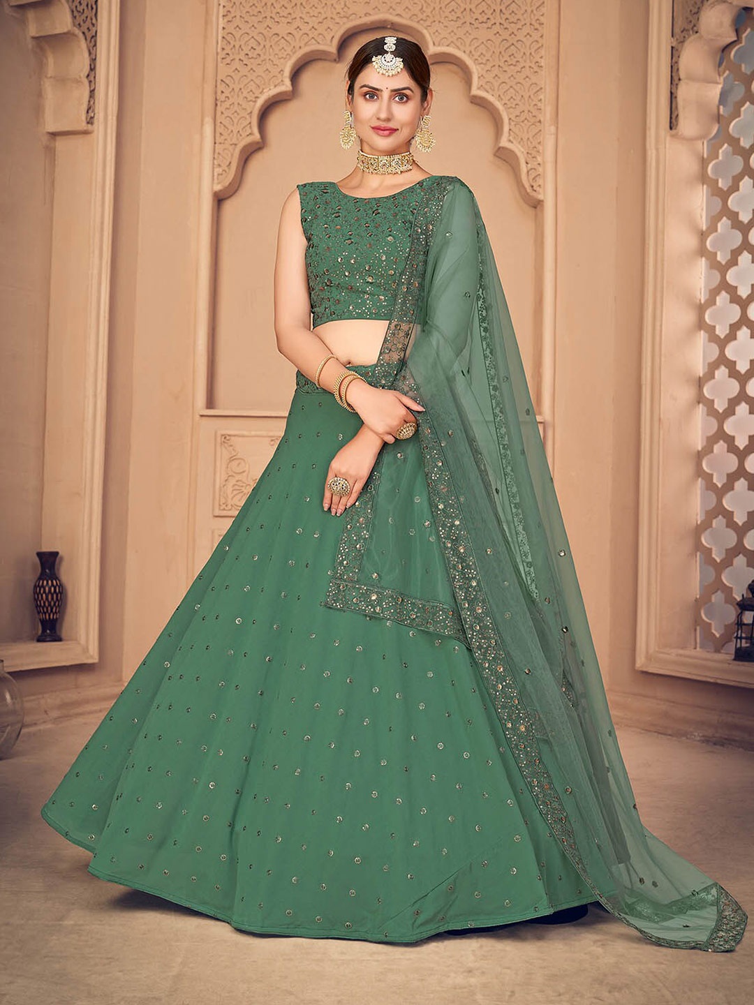 

ODETTE Green & Copper-Toned Embroidered Sequinned Semi-Stitched Lehenga & Unstitched Blouse With Dupatta