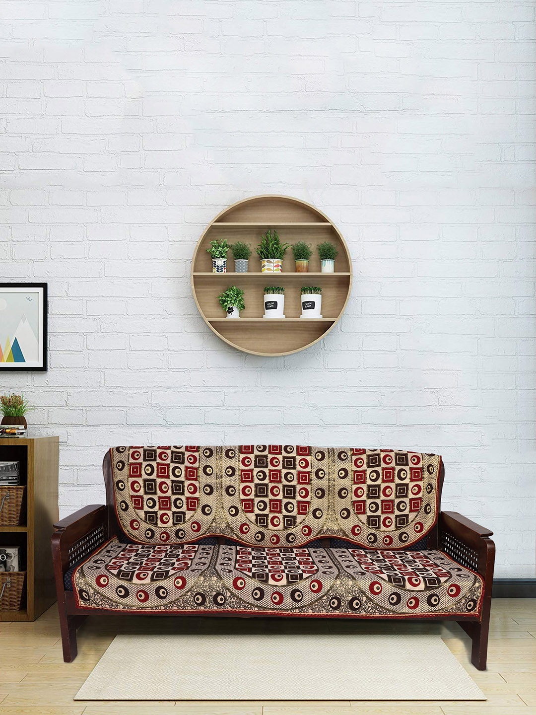 

MODEFE Beige & Red Printed Cotton Sofa Covers