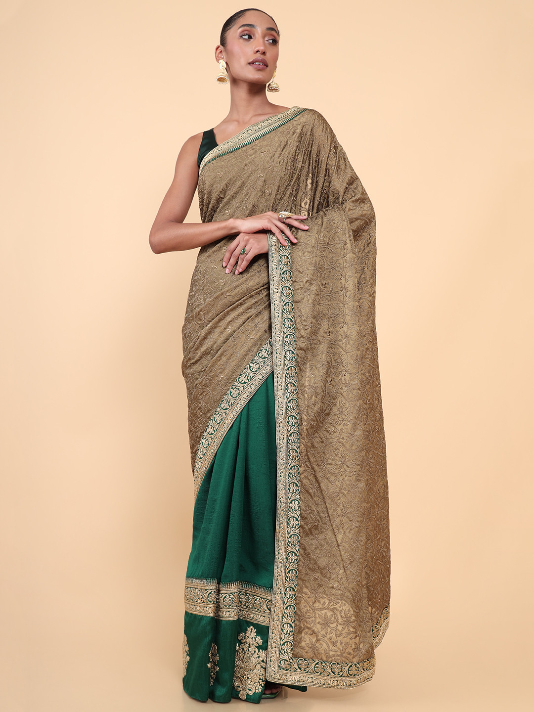 

Soch Green & Beige Floral Embroidered Silk Blend Tussar Saree