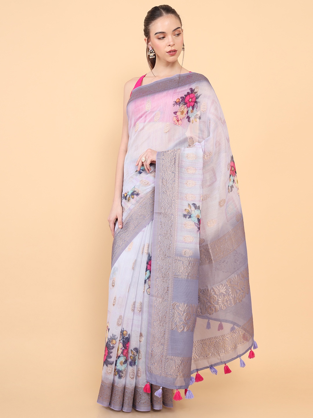 

Soch Purple & Pink Floral Zari Cotton Blend Saree