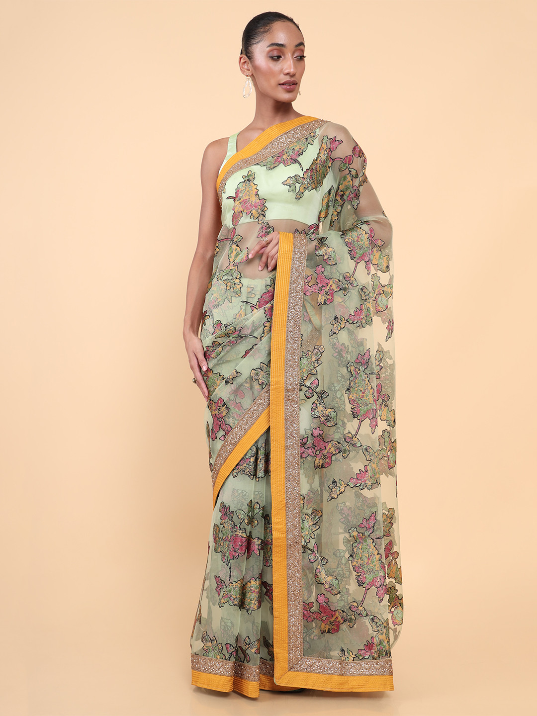 

Soch Green & Pink Floral Embroidered Organza Saree