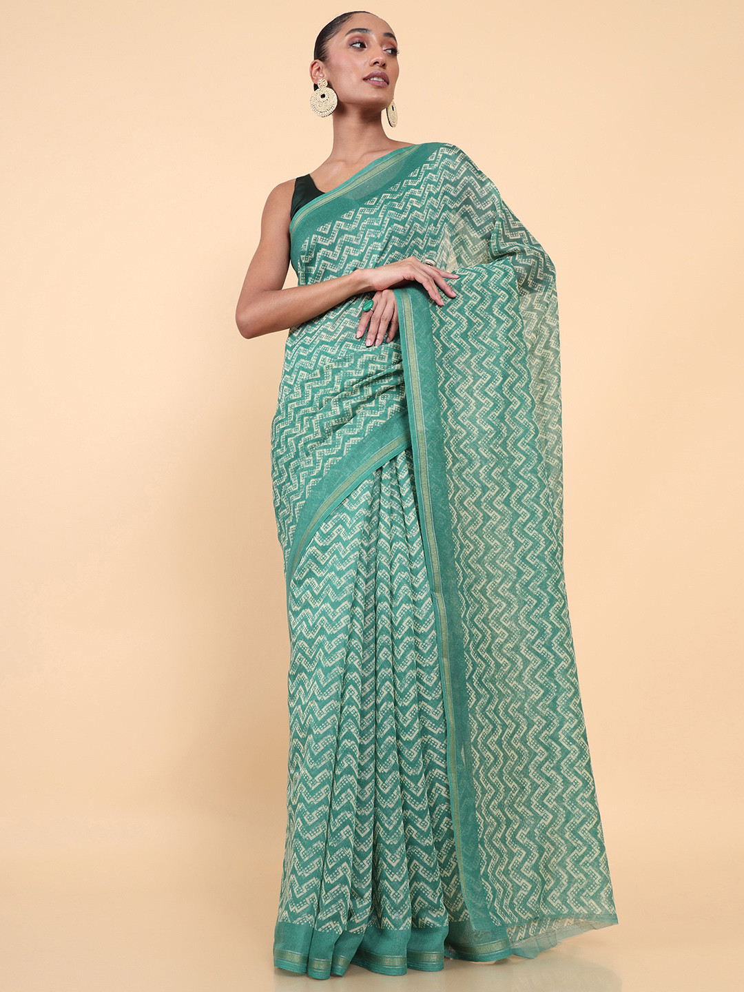 

Soch Green & White Ethnic Motifs Zari Chanderi Saree