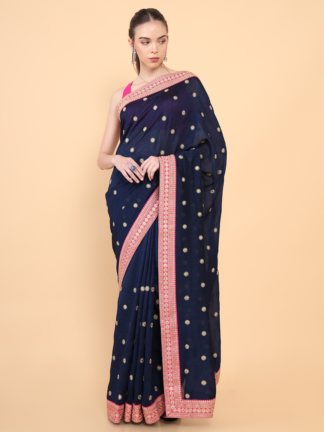 

Soch Navy Blue & Pink Embroidered Silk Blend Tussar Saree