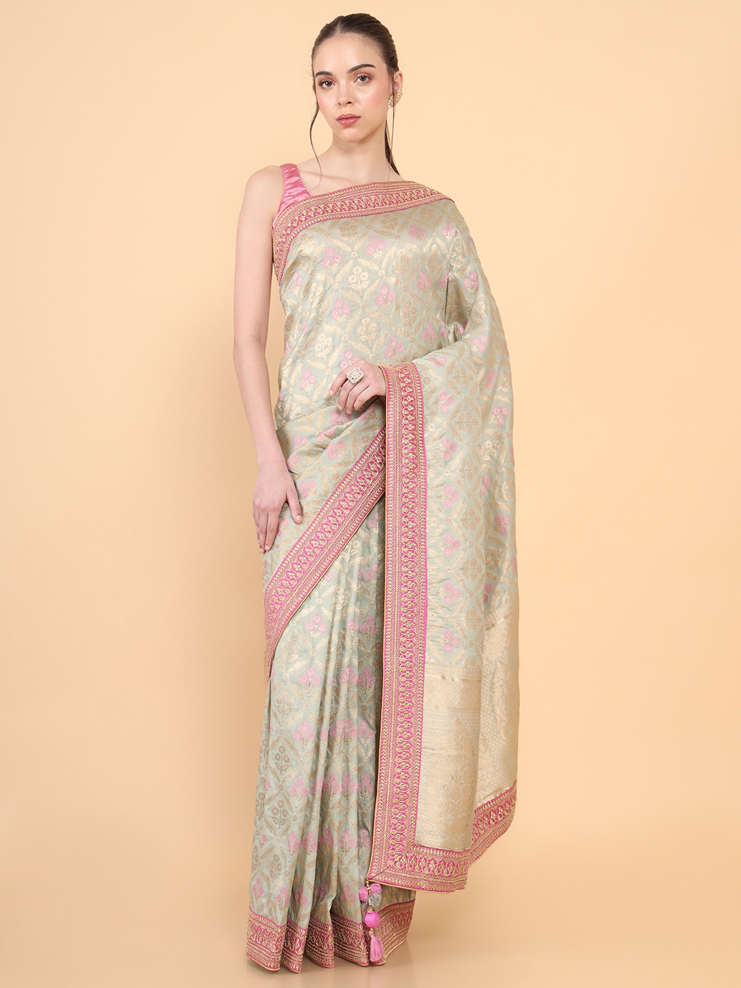

Soch Green & Pink Woven Design Zari Silk Blend Tussar Saree
