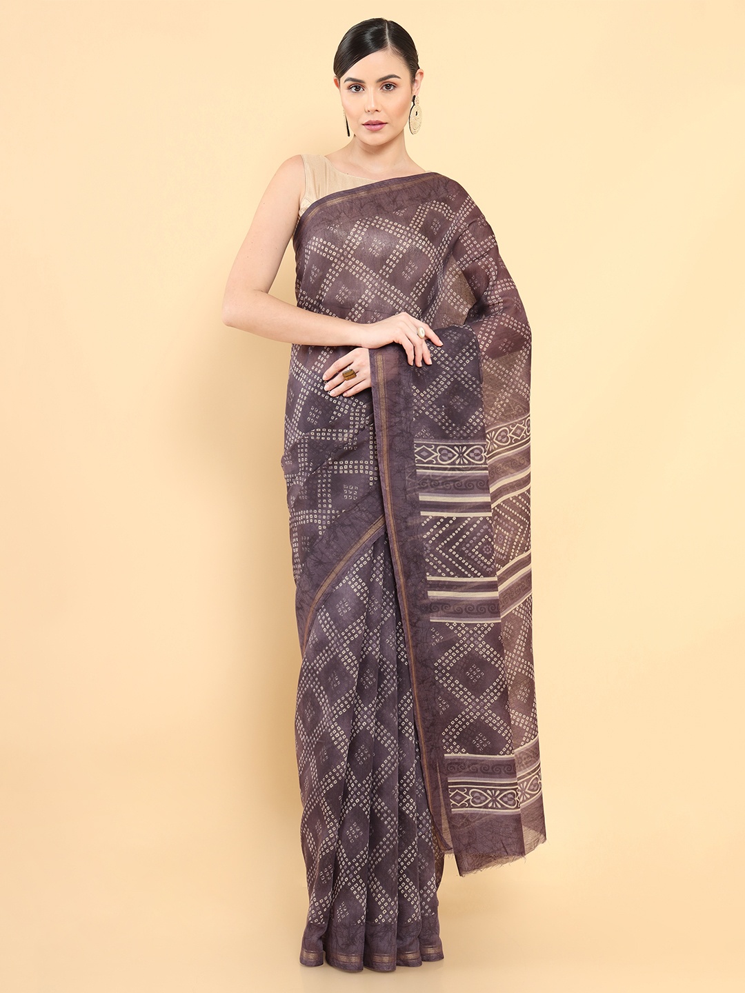 

Soch Purple & Beige Bandhani Zari Chanderi Saree