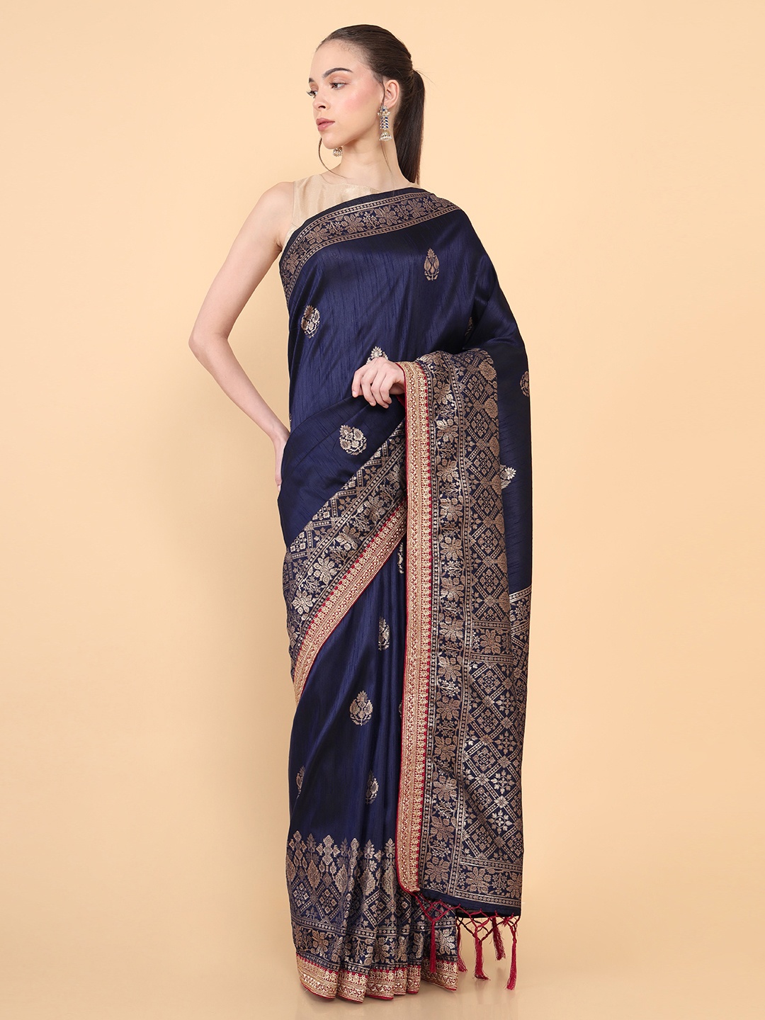 

Soch Navy Blue & Gold-Toned Ethnic Motifs Zari Tussar Saree