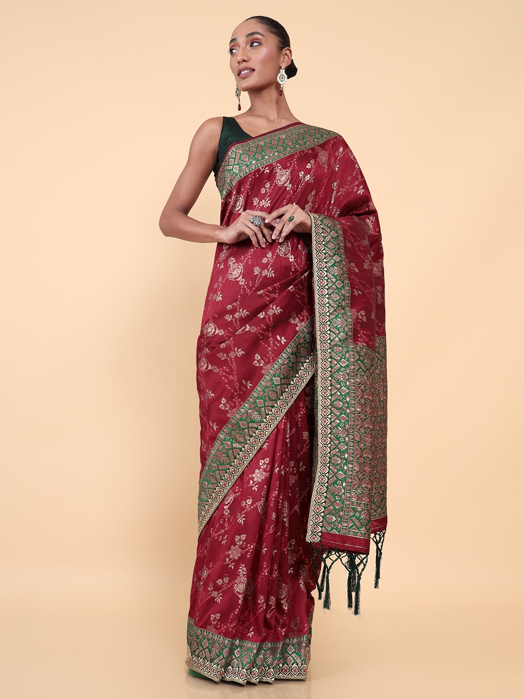 

Soch Maroon & Green Floral Zari Tussar Saree