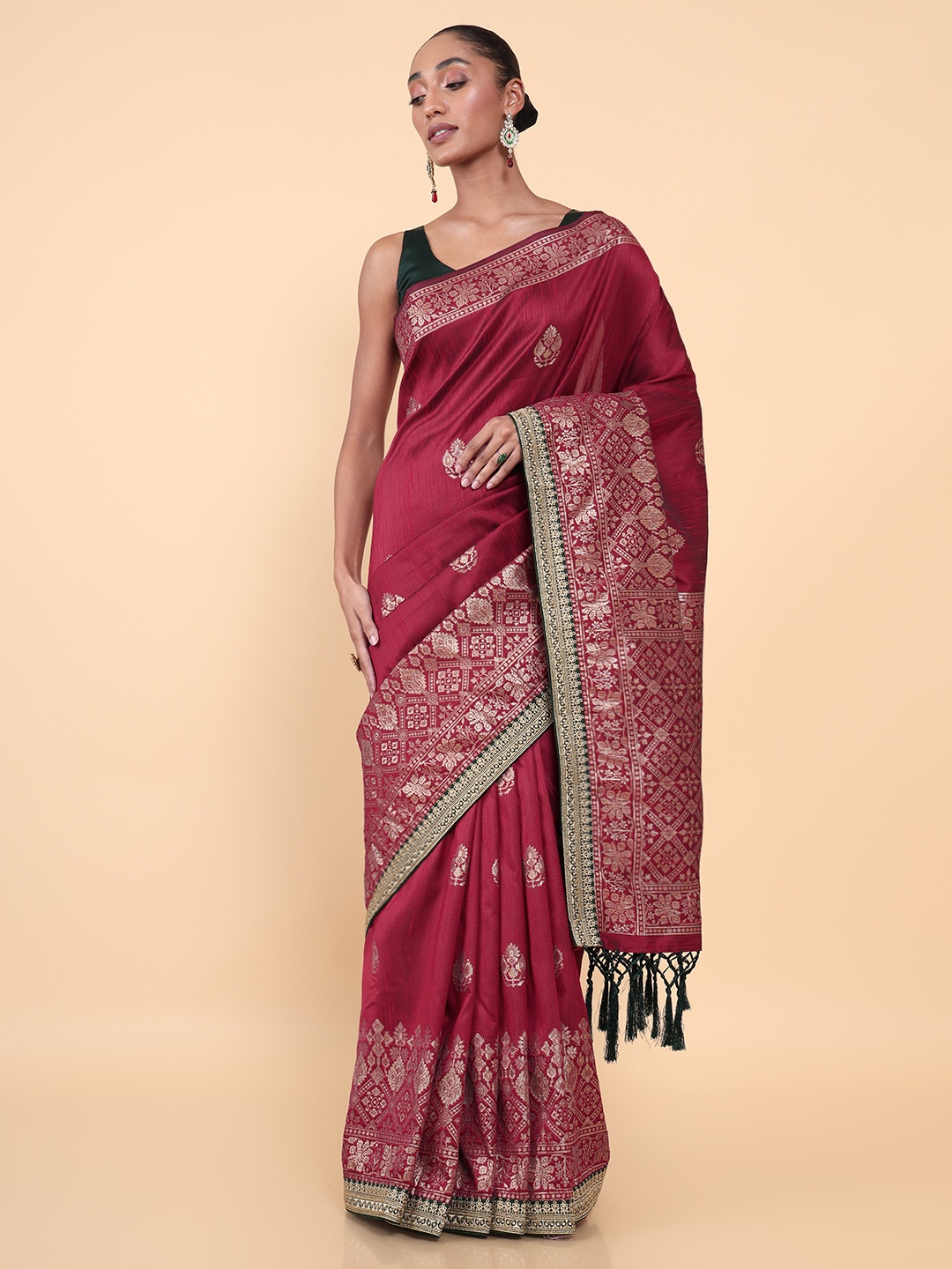 

Soch Maroon & White Woven Design Zari Silk Blend Tussar Saree