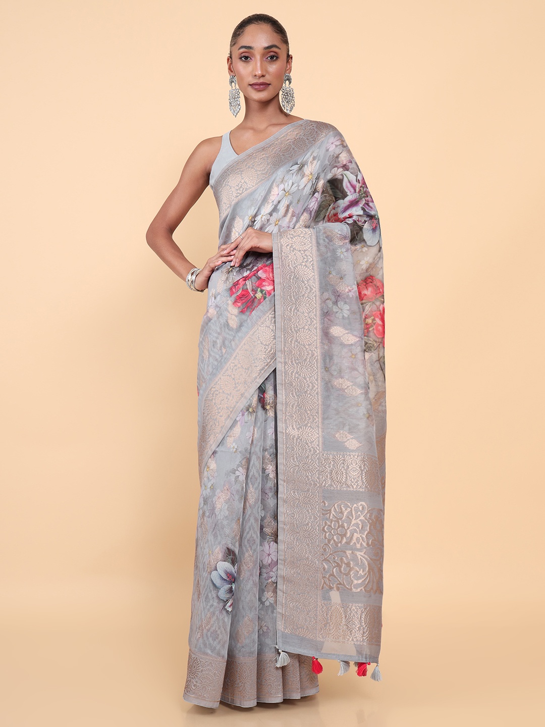 

Soch Grey & Pink Floral Zari Saree
