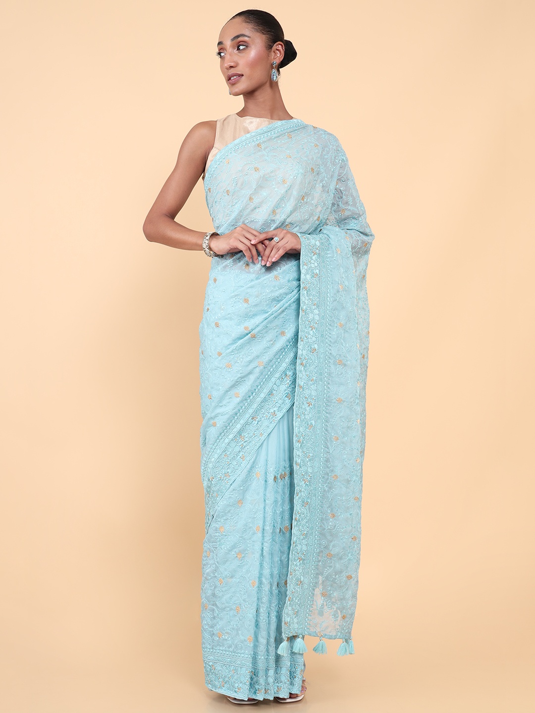 

Soch Blue & Gold-Toned Floral Embroidered Organza Saree