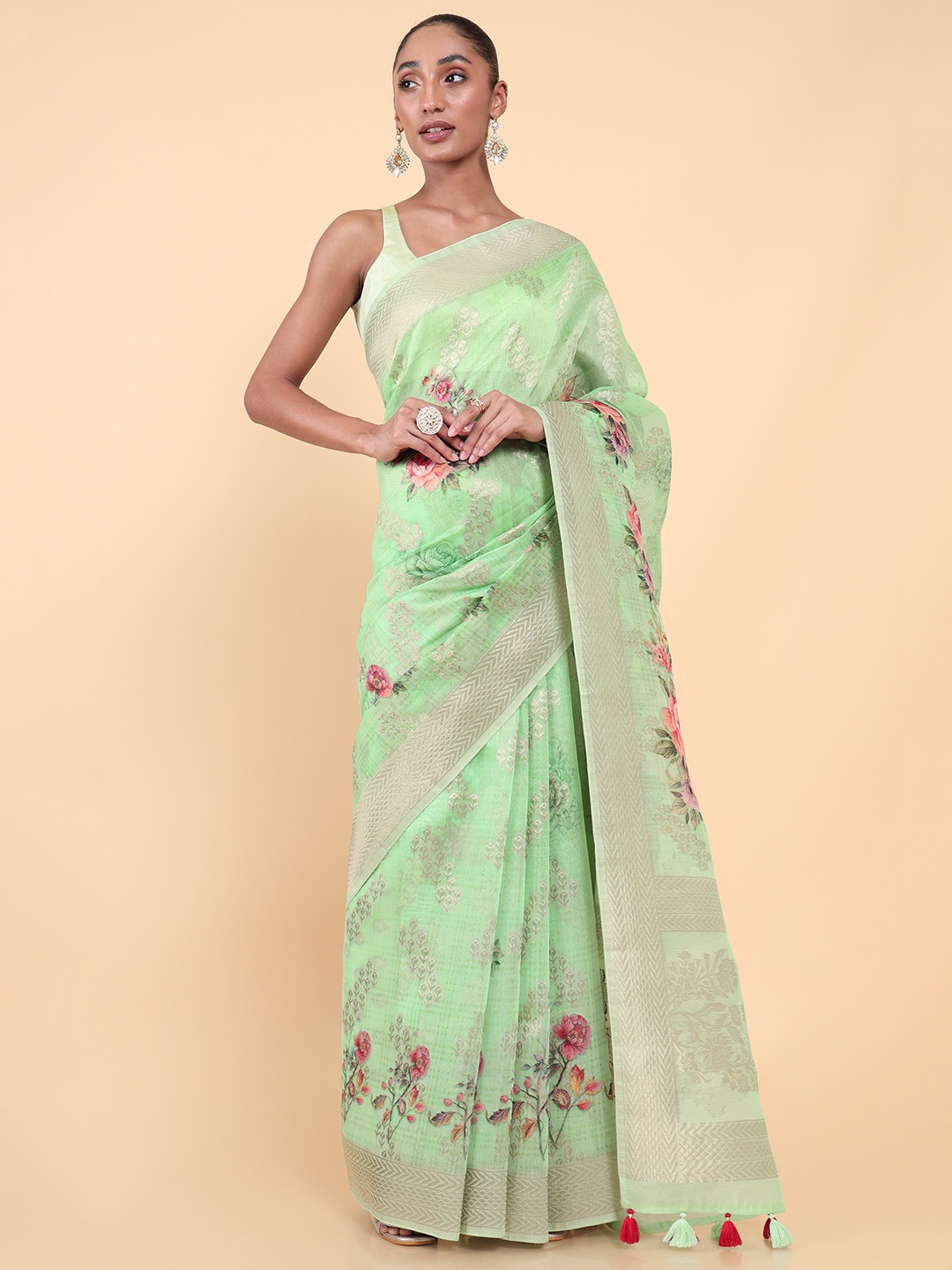 

Soch Green & Pink Floral Zari Saree