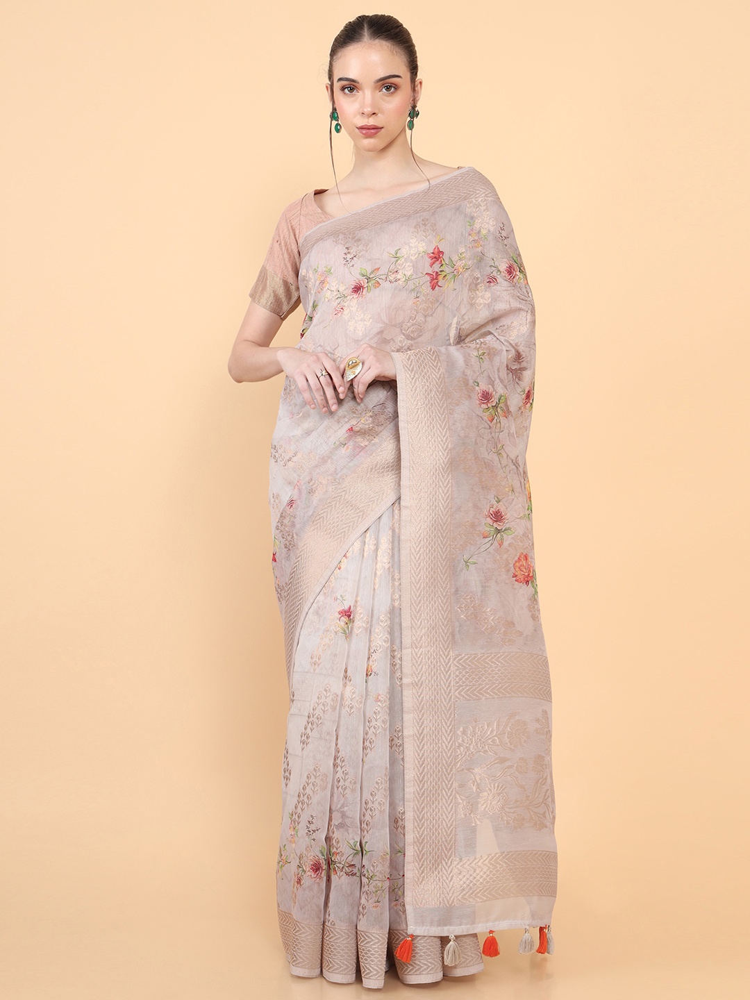 

Soch Grey & Red Floral Printed Cotton Blend Saree