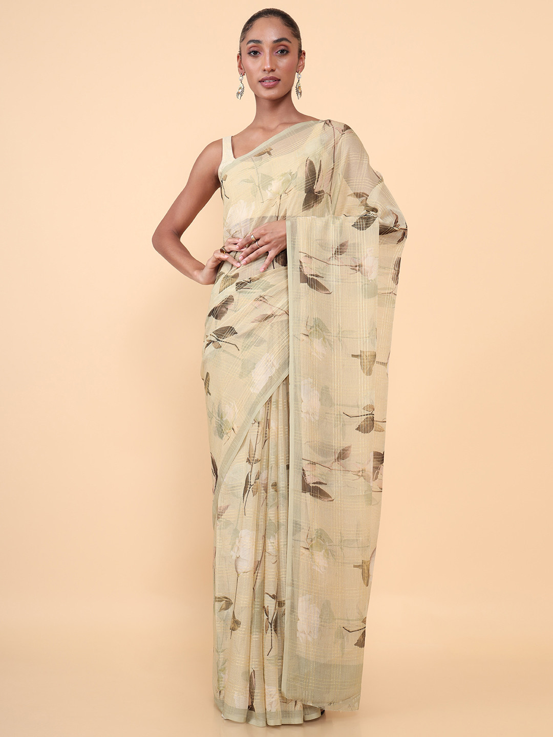 

Soch Beige & Olive Green Floral Pure Chiffon Saree