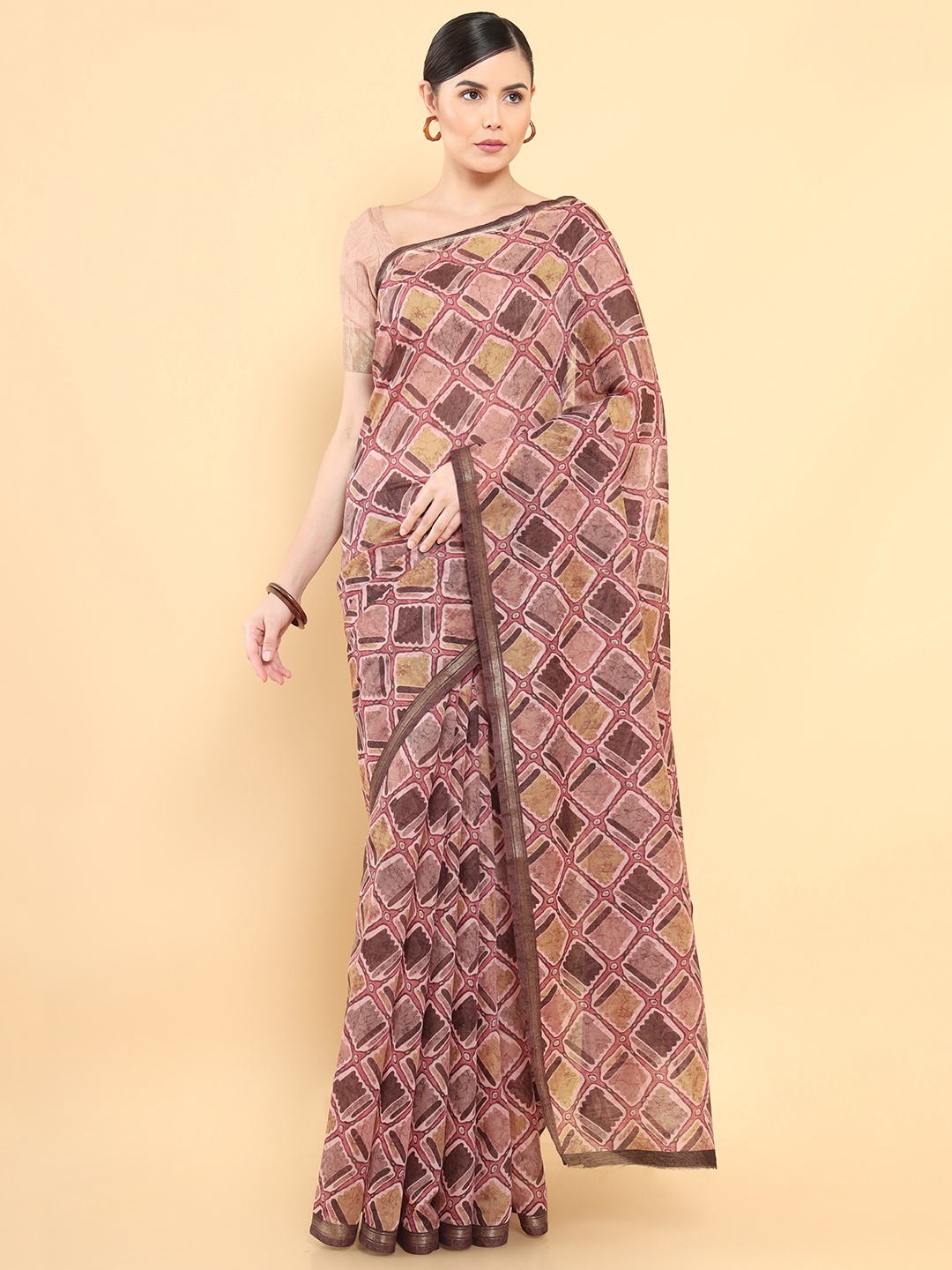 

Soch Brown & Maroon Printed Chanderi Saree