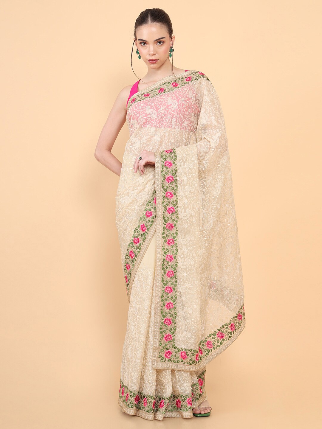 

Soch Beige & Pink Floral Embroidered Organza Saree
