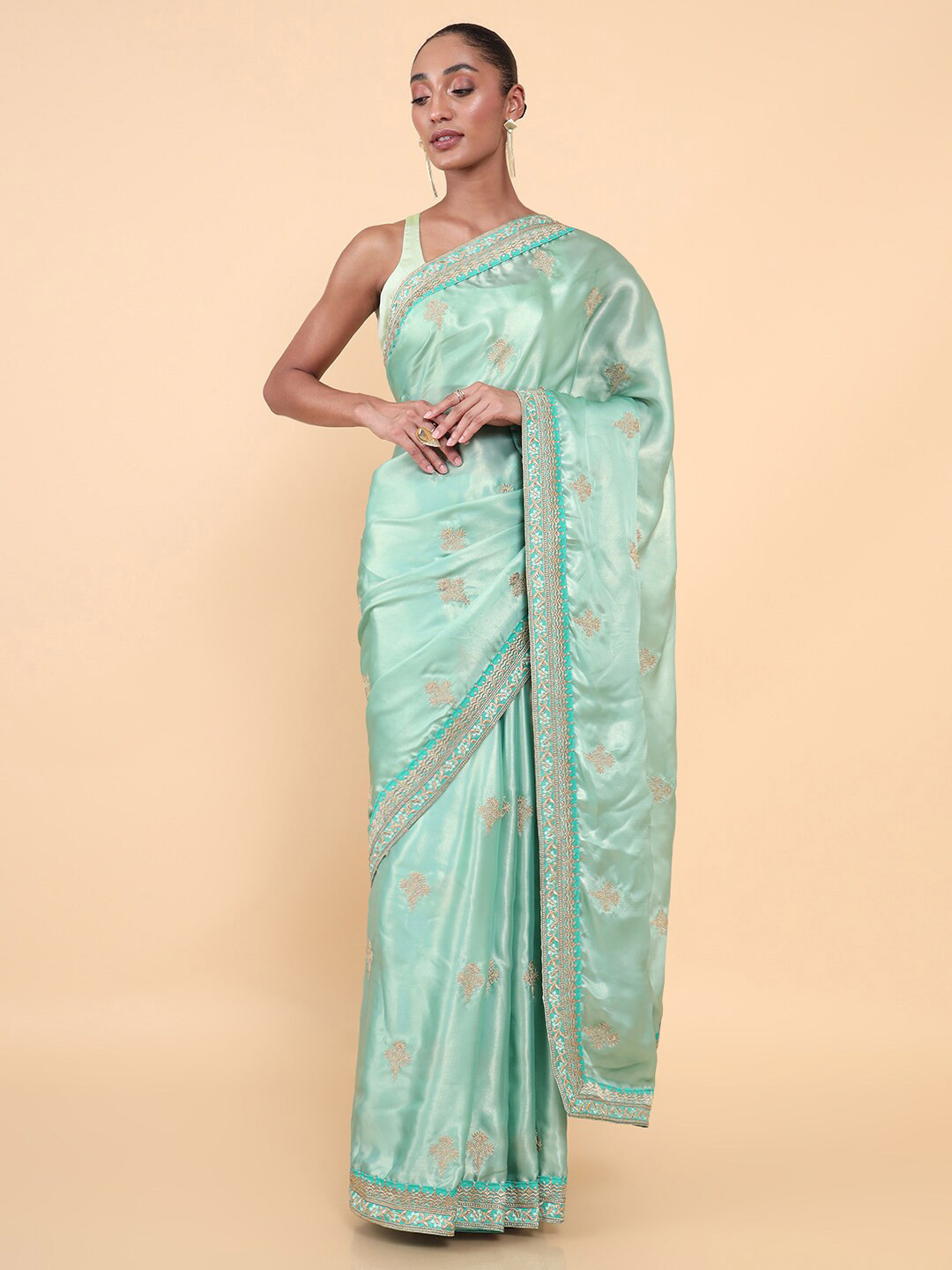 

Soch Sea Green & Grey Floral Embroidered Silk Blend Tussar Saree