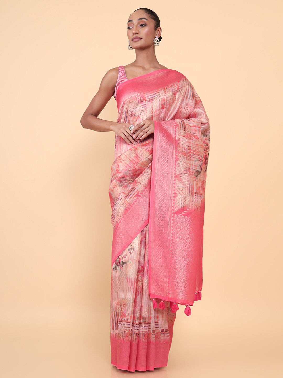 

Soch Pink & Cream-Coloured Floral Zari Saree