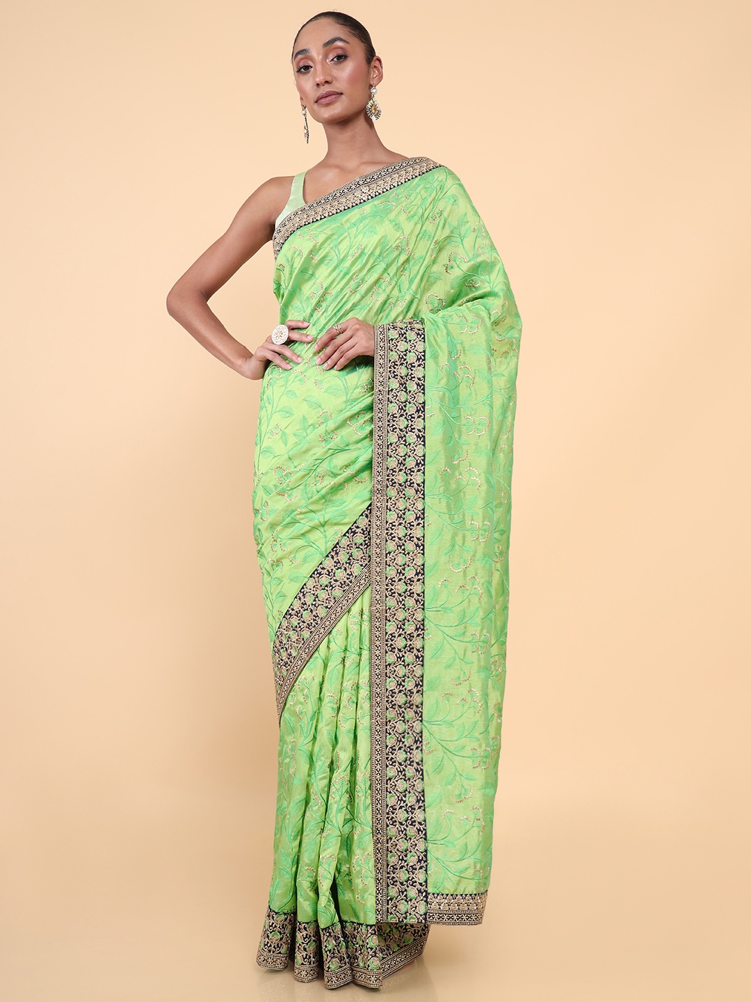 

Soch Green & Gold-Toned Floral Embroidered Silk Blend Tussar Saree