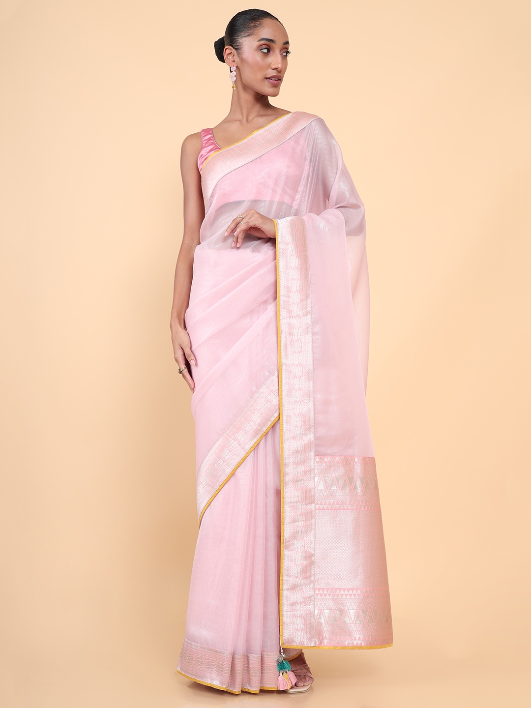 

Soch Pink & Silver-Toned Solid Zari Net Saree