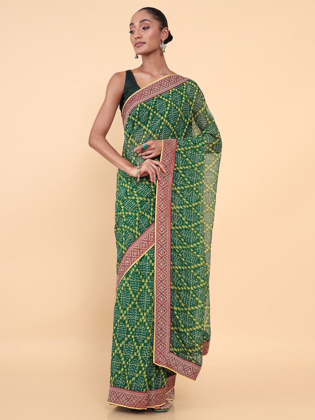 

Soch Green & Red Bandhani Pure Georgette Chanderi Saree
