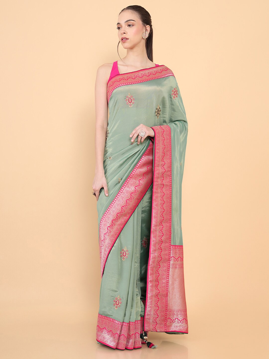 

Soch Green & Pink Ethnic Motifs Embroidered Silk Blend Tussar Saree
