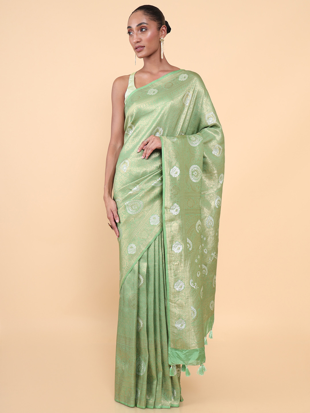 

Soch Green & Silver-Toned Woven Design Zari Silk Blend Tussar Saree