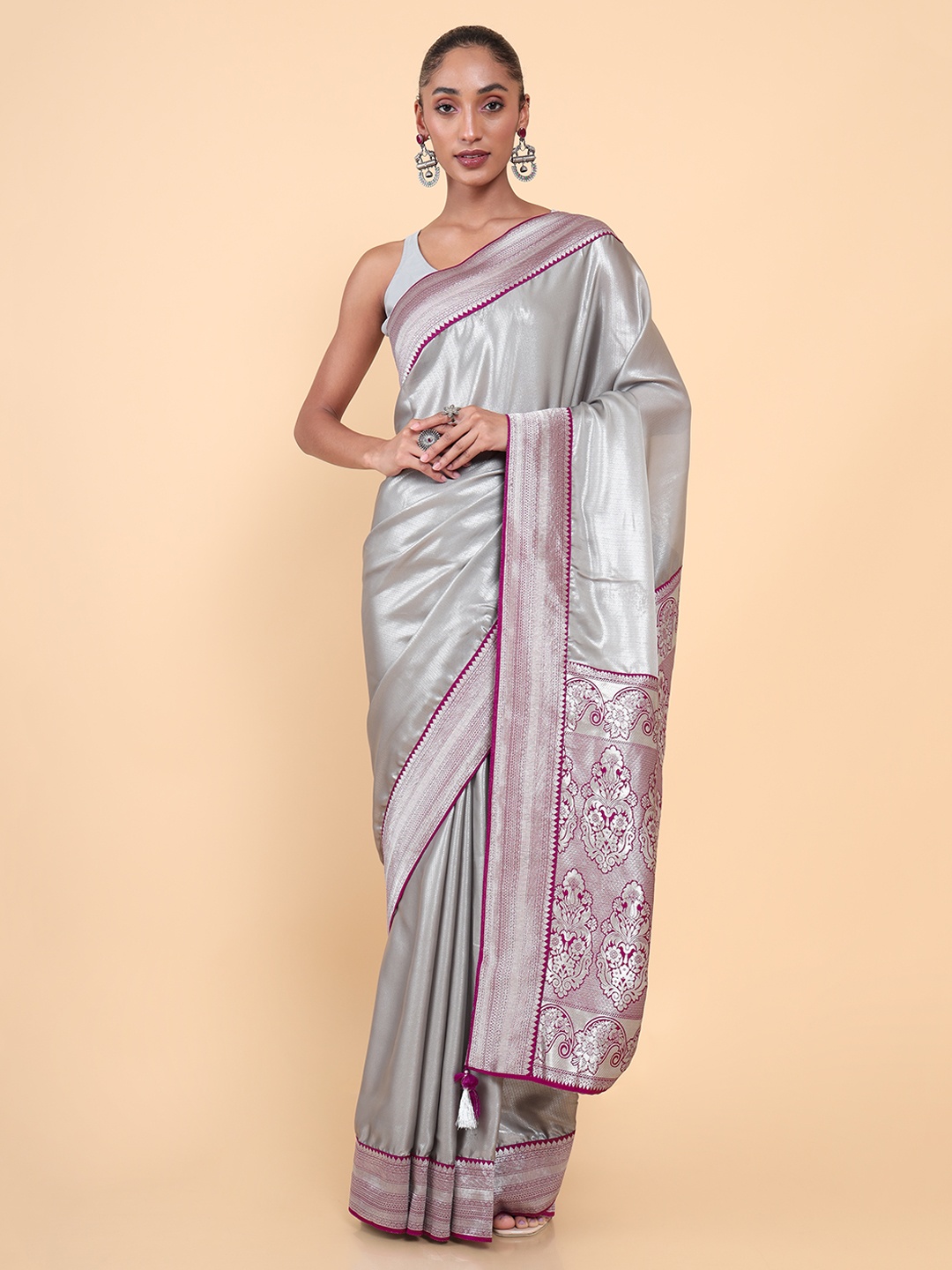 

Soch Grey & Maroon Woven Design Zari Silk Blend Tussar Saree