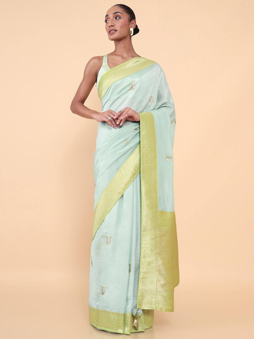 

Soch Blue & Gold-Toned Ethnic Motifs Silk Blend Tussar Saree