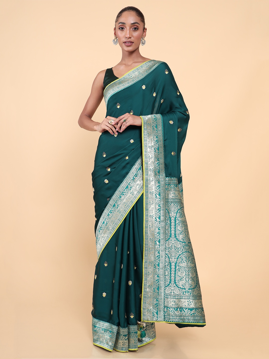 

Soch Green & Silver-Toned Ethnic Motifs Embroidered Pure Crepe Saree