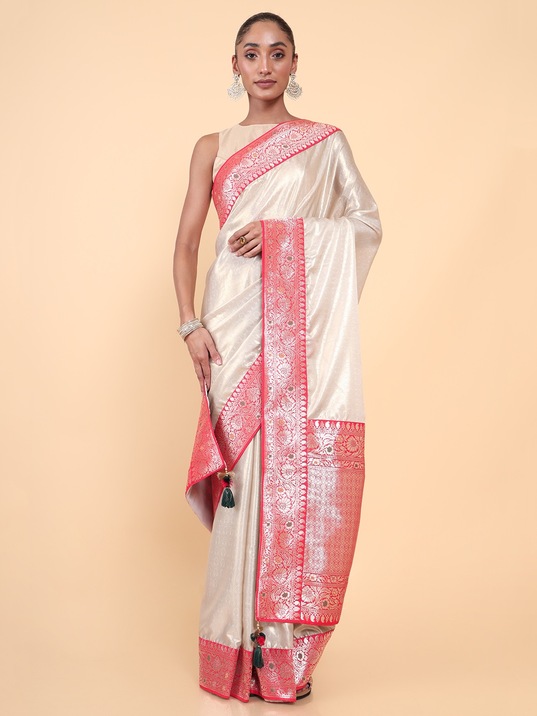 

Soch Cream-Coloured & Red Woven Design Zari Silk Blend Tussar Saree