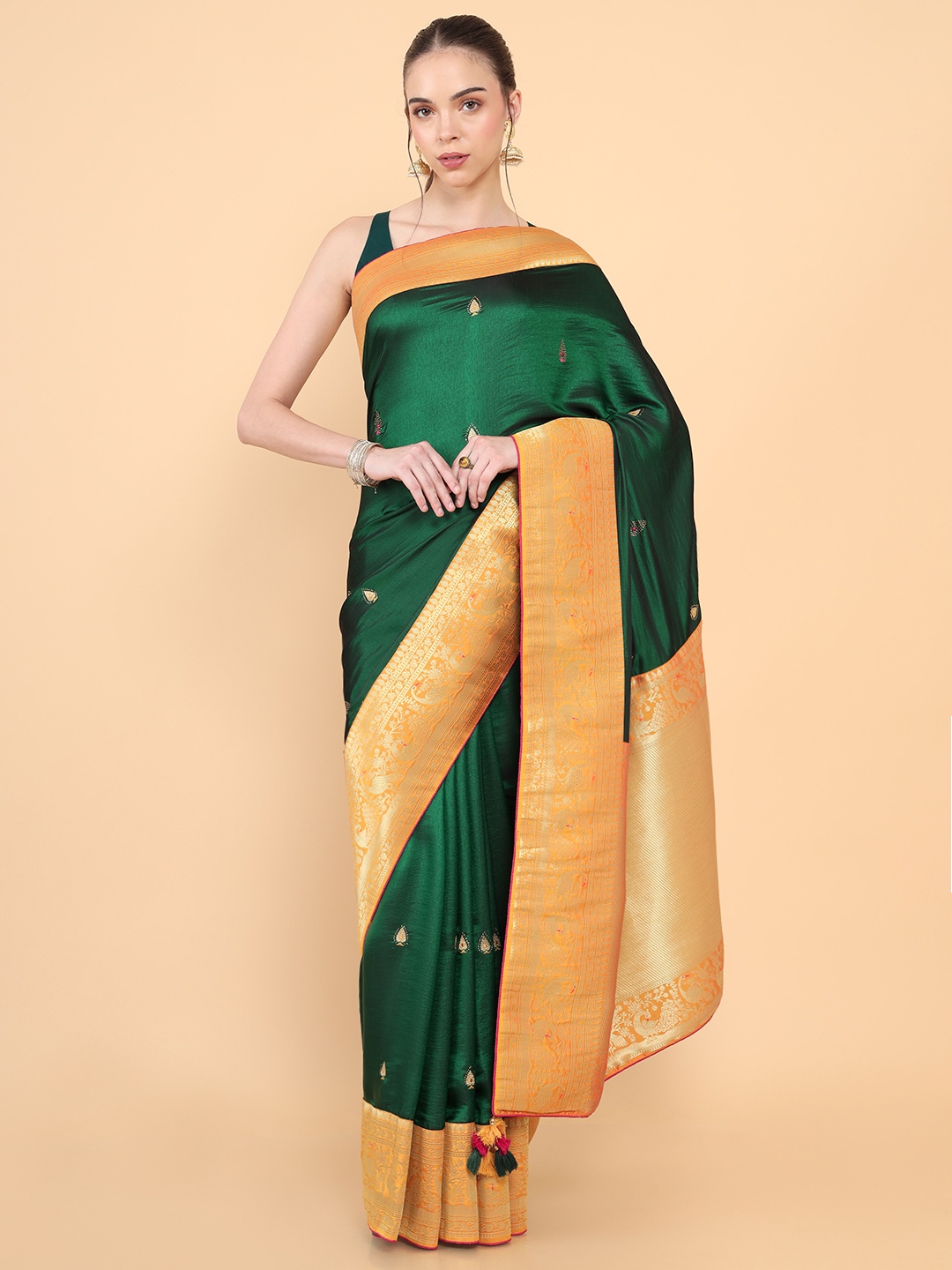 

Soch Green & Orange Woven Design Zari Silk Blend Tussar Saree