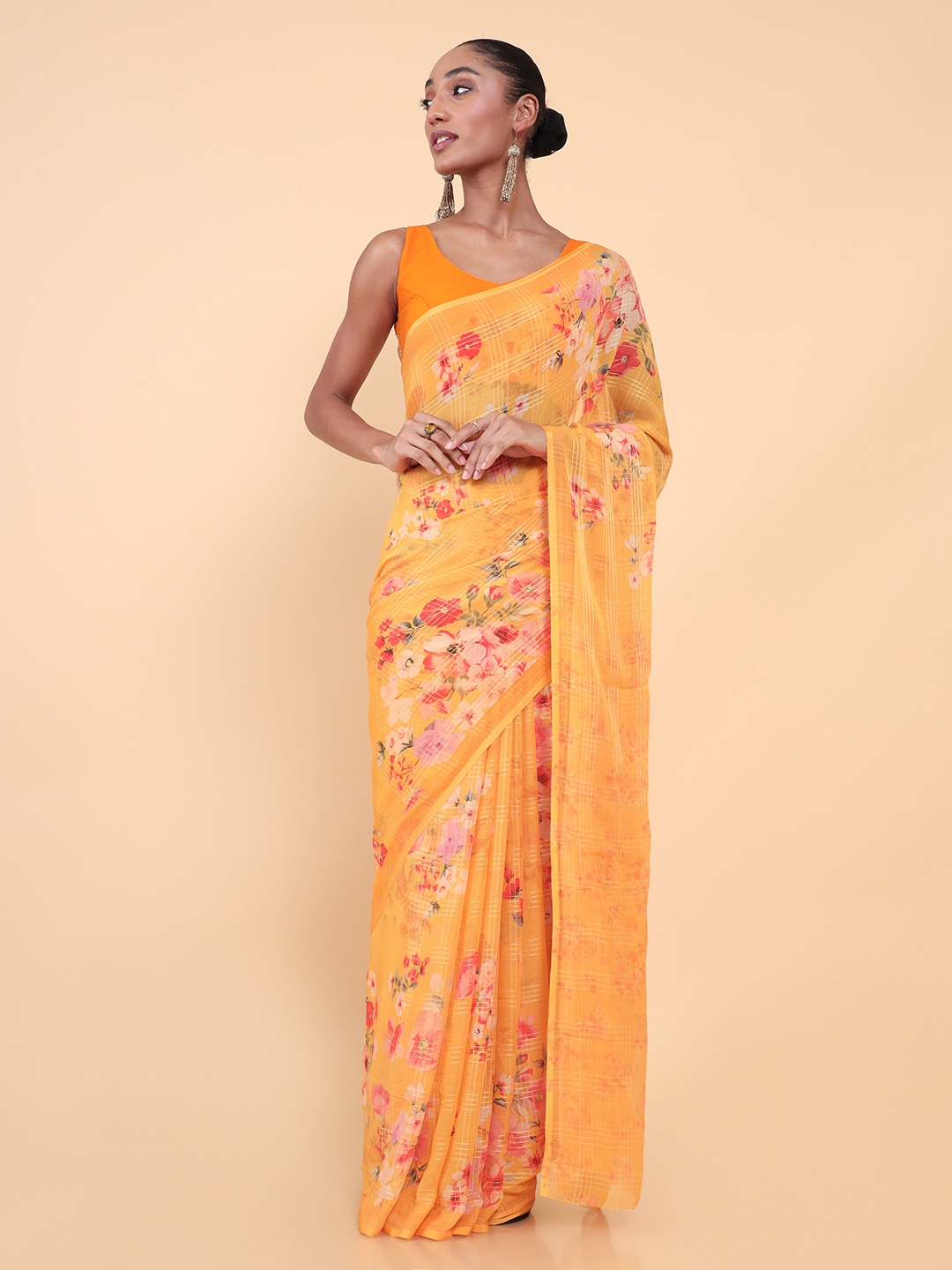 

Soch Mustard & Pink Floral Printed Pure Chiffon Saree
