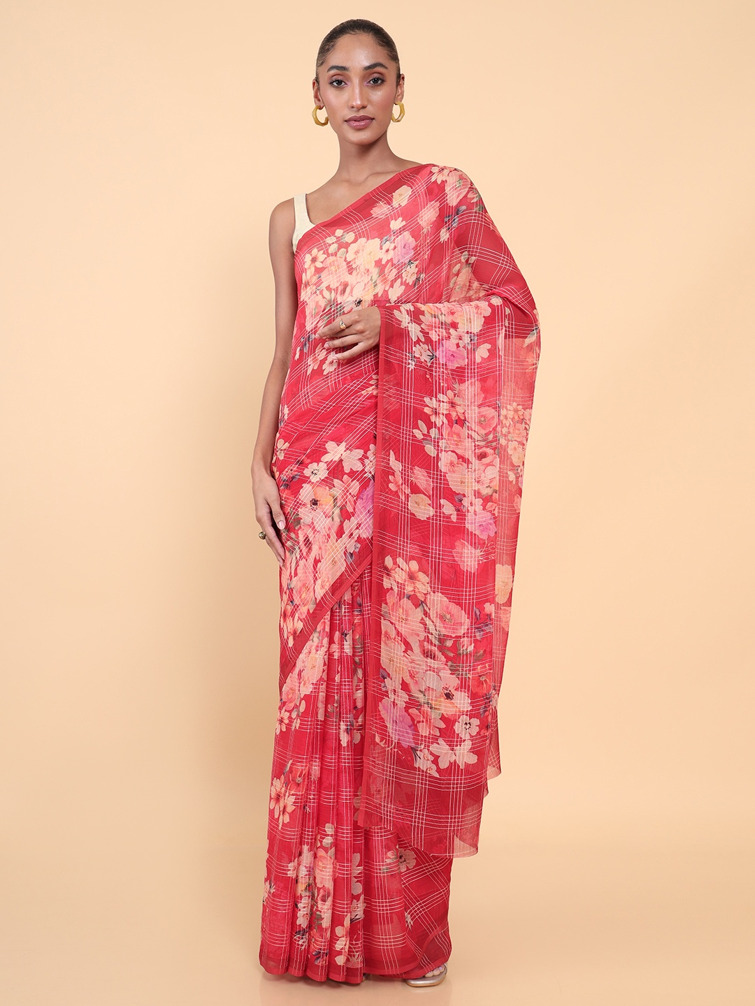 

Soch Red & Pink Floral Pure Chiffon Saree