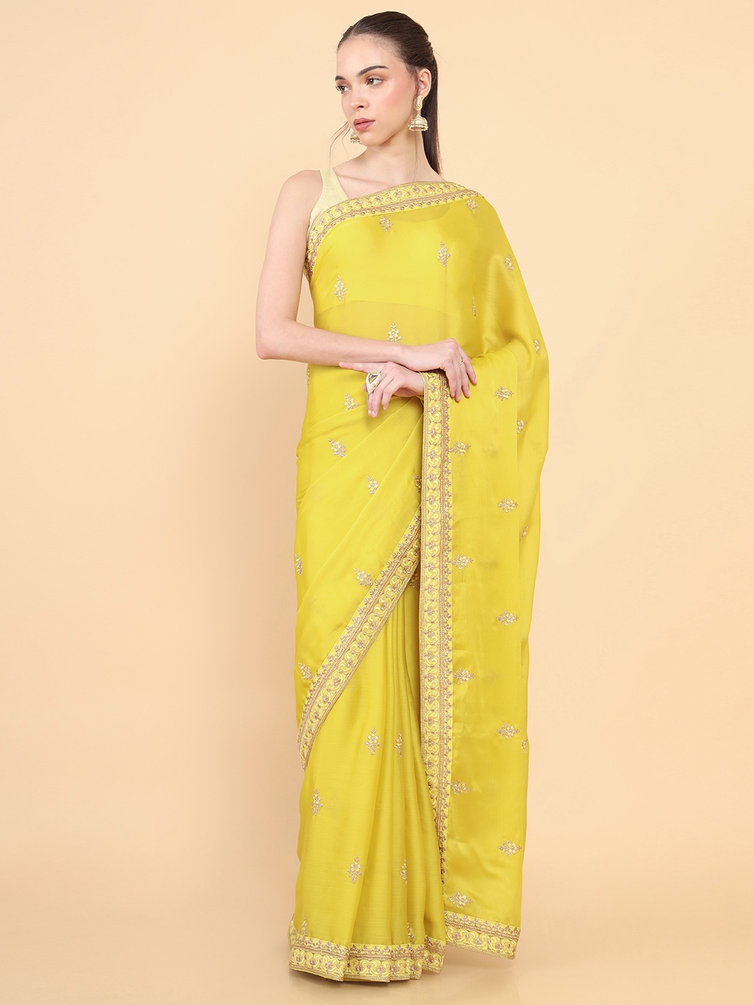 

Soch Yellow & Gold-Toned Floral Embroidered Silk Blend Tussar Saree