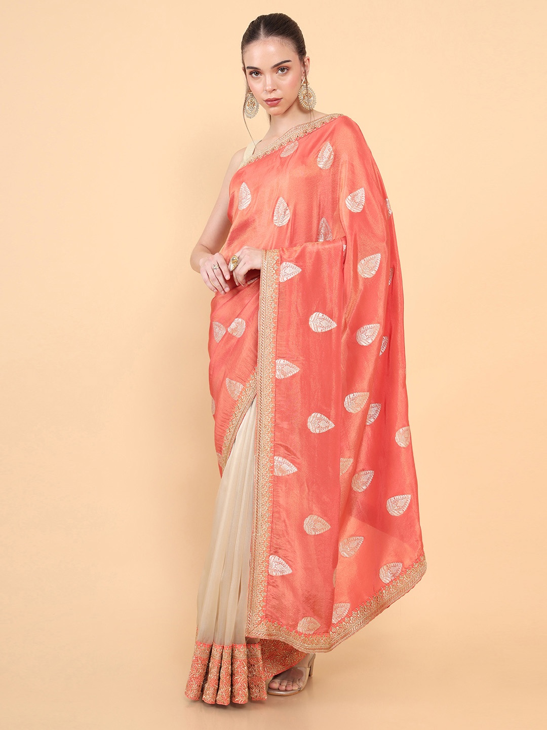 

Soch Orange & Off White Ethnic Motifs Embroidered Silk Blend Tussar Saree