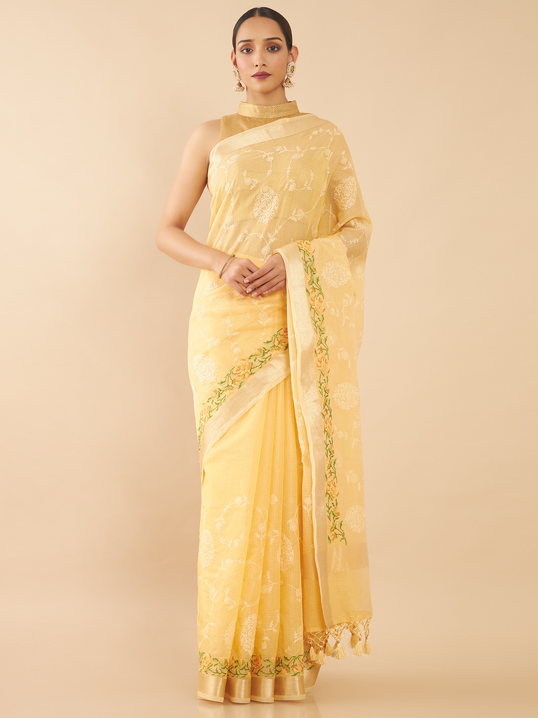 

Soch Yellow & Green Floral Embroidered Silk Cotton Kota Saree